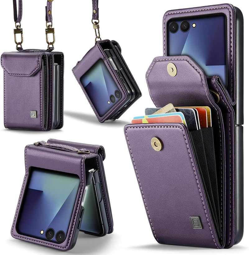ASAPDOS Crossbody Case Compatible with Samsung Galaxy Z Flip 7,Retro PU Leather Strap Wristlet Flip Case with Magnetic Closure and Card Holder for Men Women Purple - Image 1